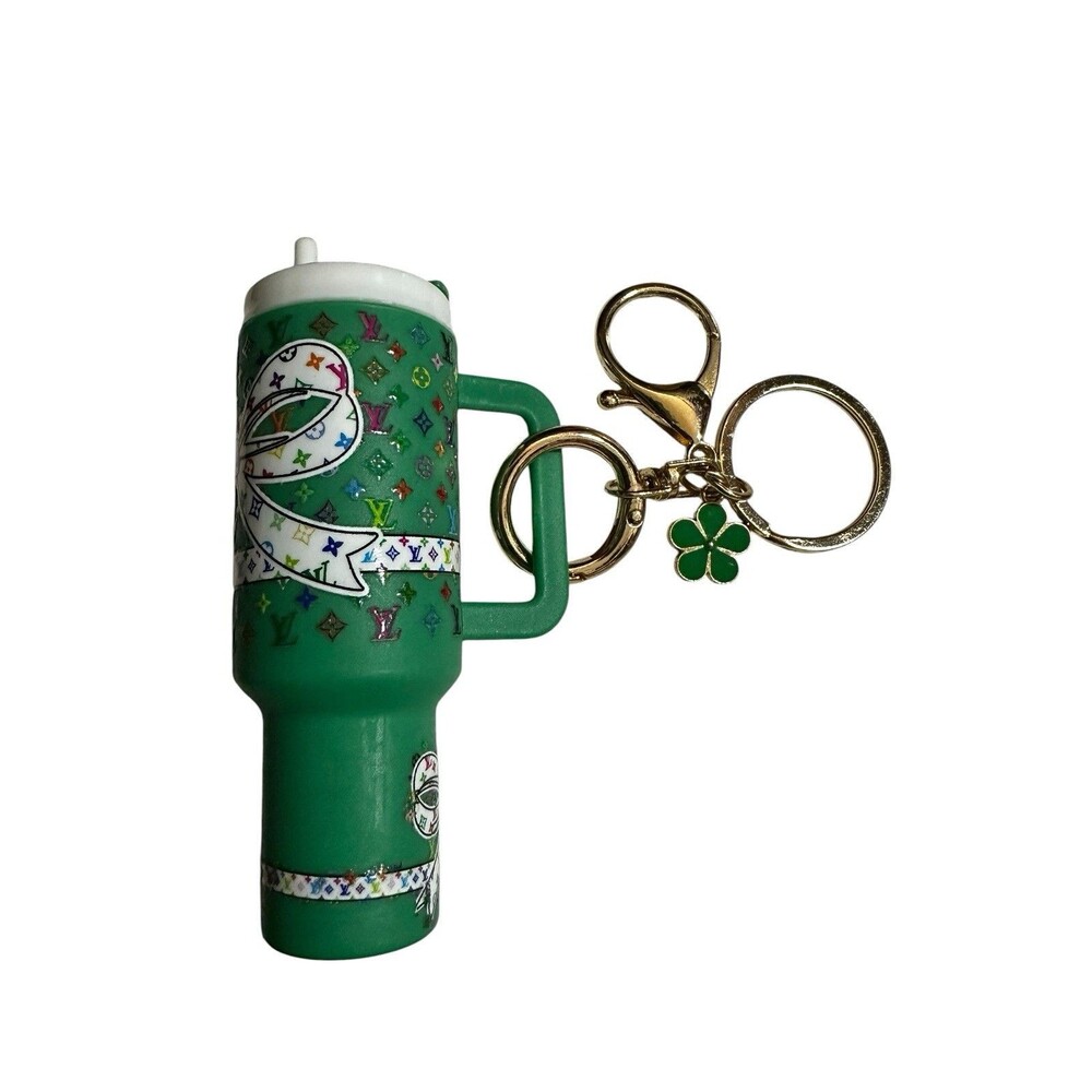 Fashion Mini Cup Keychain Tumbler Women Lip Balm Carrier Green W/ Flower Charm
